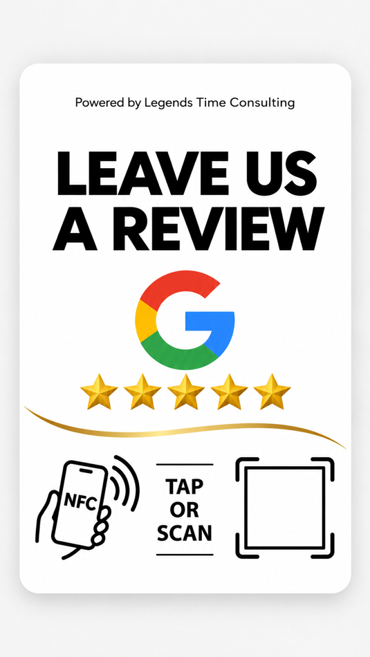 White NFC and QR Google review card concept; QR placeholder shown